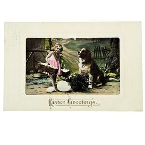 1909 Antique Postcard Easter Greetings Little Girl & Saint Bernard Dog Posted
